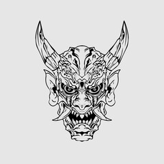 japanese Culture demon mask or oni mask with hand draw style on white background. Ready for Print Apparel and tattoos