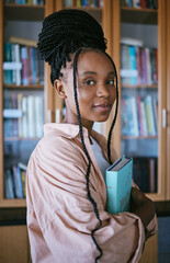 Black woman portrait, university student and library campus for learning, studying and college...