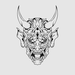 japanese Culture demon mask or oni mask with hand draw style on white background. Ready for Print Apparel and tattoos