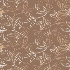 The foliage background is linear. Light lines in the form of foliage on a dark brown background. Seamless pattern of gift wrapping, paper, textiles. Bed linen, wedding invitation.