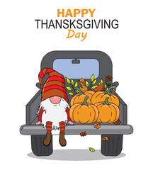 Happy thanksgiving card. Gnomes inside the vehicle with pumpkins. Isolated vector	
