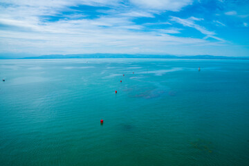 Obraz premium Germany, bodensee lake panorama view from friedrichshafen city in beautiful nature landscape to switzerland coastline, aerial view above