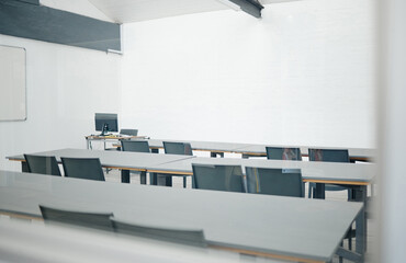 Empty conference, presentation or interior for a tradeshow class, event or marketing and sales coaching workshop. Meeting room of an educational convention, teaching or business group training space