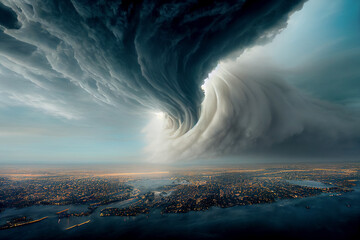 Riesiger Tornado über der Stadt, Sturm über der Erde. © Viks_jin