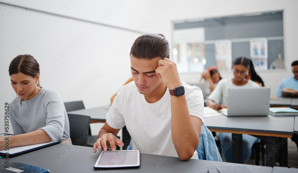 Aufkleber digital tablet, university and student in lecture reading course work, classroom information or onli