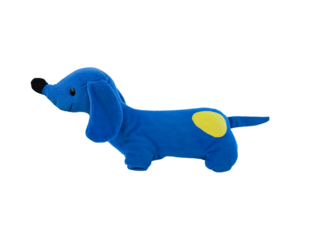 plush toy sideways dachshund dog  blue on a white background