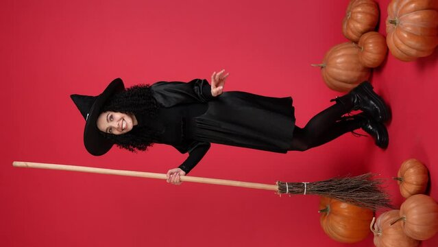 Funky lady witch character flying broom stick halloween event occasion sabbath