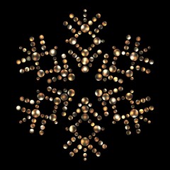 Snowflake golden glittering geometric ornamental object on black background isolated. Christmas symbol.
