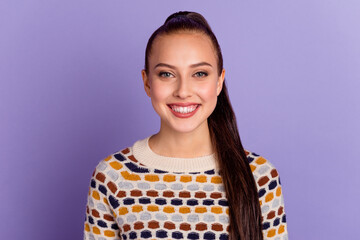 Portrait of good mood candid lady toothy dmiling in camera isolated on vibrant lilac color background