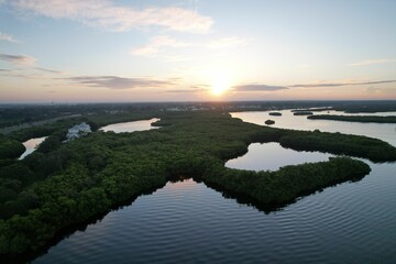 Aerial view of the Braden River with forests at sunrise, Florida, United States