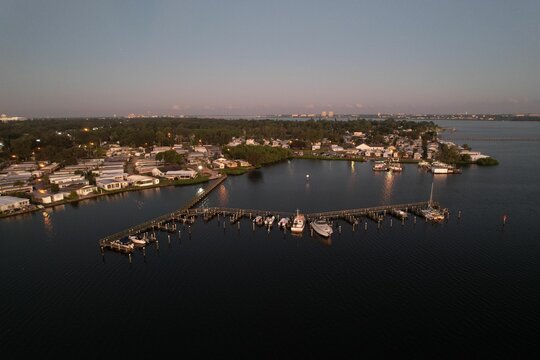 Aerial view of the Braden River with boat docks at sunrise, Florida, United States