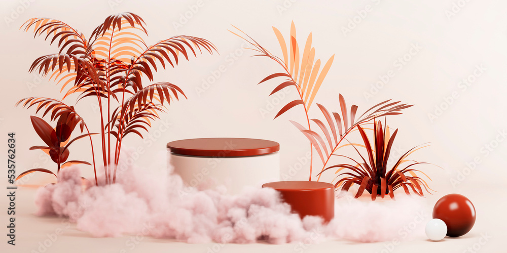 Poster 3d background products display podium scene with geometric platform. nude and red background renderi