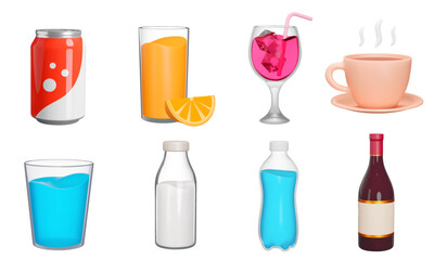 Drinks 3d icon set. Beverages. Soda, juice, alcohol, water, milk etc. Various vessels with liquid. Can, bottle, cup, glass. Isolated icons, objects on a transparent background