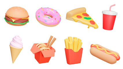 Fast Food 3d icon set. Fast-food restaurants menu. Burger, hot dog, wok noodles, pizza, doughnut, french fries, soda, ice cream. Isolated icons, objects on a transparent background © Mintoboru