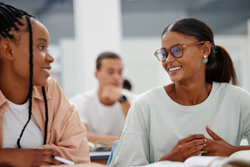 University girl students in classroom teamwork in education, learning and school scholarship discussion. Studying college women and friendship conversation, communication and collaboration together