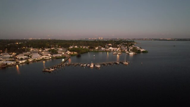 Drone shot of a harbor with boats on Braden River at Sunrise, Florida