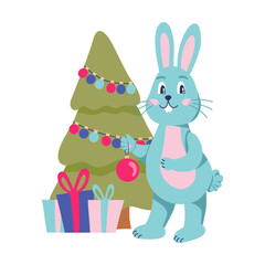 The character rabbit dresses up the Christmas tree. Flat cartoon vector illustration