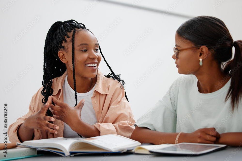 Poster education, friends and study with girl learning on books and digital tablet in a home, distance lear