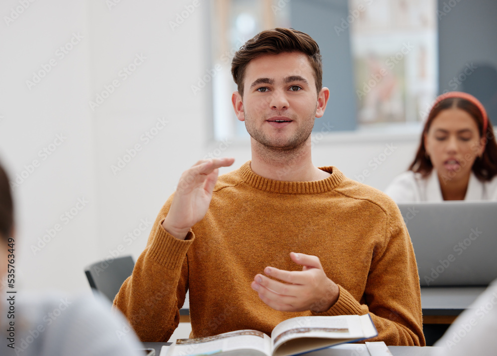 Aufkleber university, lecture and classroom student for question, speaking or talking of research results, boo