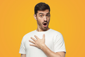 Man pointing at himself with amazed face as if he is chosen for some great opportunity or career