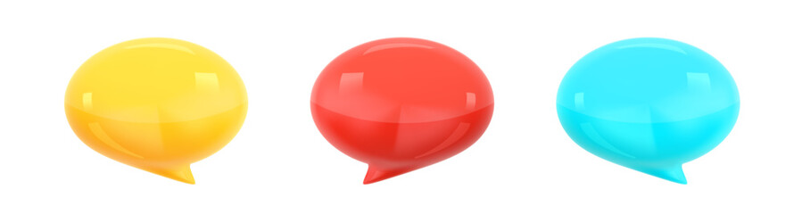 Notification Message Dialog. Set of glossy plastic or rubber speech bubble icon in red, yellow, blue. Realistic cartoon style design. Object isolated on white background. 3D Vector illustration - obrazy, fototapety, plakaty