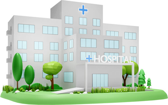 Hospital building on isolated background. 3d rendering image of low poly objects.