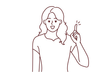Smiling young woman hold finger up develop good idea. Happy motivated female generate issue solve problem. Vector illustration. 