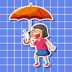 Cute girl cartoon character holding umbrella sticker style