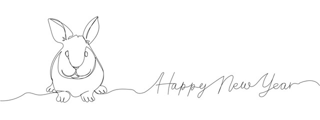 Rabbit, hare and inscription happy new year one line art. Continuous line drawing of new year holidays, christmas, congratulations, weekend, animal, zodiac, symbol of the year, festive atmosphere.