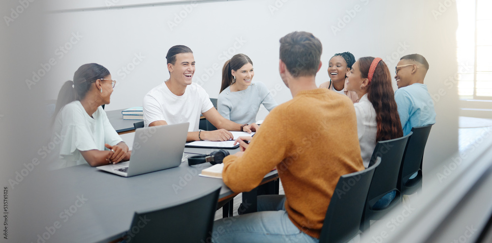 Poster university, group project and students meeting for collaboration, teamwork and brainstorming course 