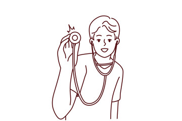 Smiling male doctor with stethoscope ready to examine patient in hospital. Happy man therapist or GP with phonendoscope. Vector illustration. 