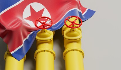 North Korea flag covering an oil and gas fuel pipe line. Oil industry concept. 3D Rendering