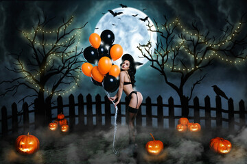 Composite collage picture image of sexy witch balloons halloween party dramatic night background...