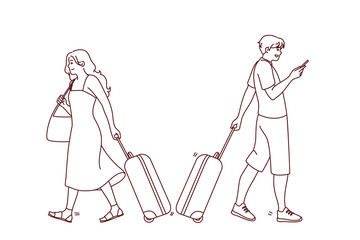 People with suitcases ready to travel in airport. Smiling tourist with baggage before vacation. Tourism and holidays. Vector illustration. 