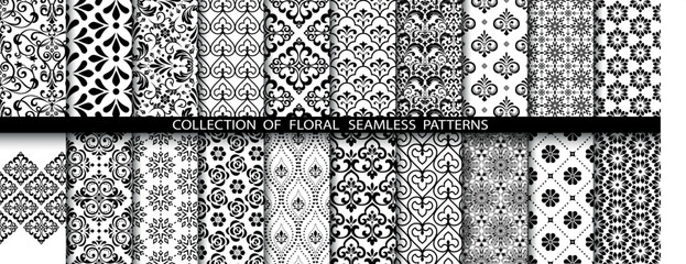 Geometric floral set of seamless patterns. White and black vector backgrounds. Simple illustrations.