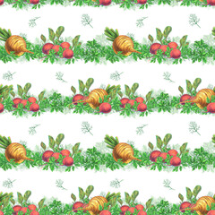A pattern of spicy herbs and vegetables, drawn with colored pencils on a white background.