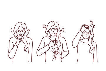 Unhealthy woman suffer from covid-19 symptoms. Unwell girl struggle from coronavirus have cough and shortness of breath. Vector illustration. 