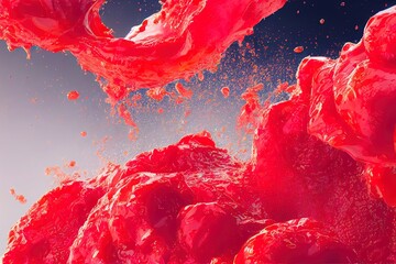 Tomato red sauce explosion, splash through flying tomatoes. Ketchup, passata, pulp, puree made of fresh falling tomatoes. Juicy, sweet vegetable or fruit. Vfx shot, fluid simulation. 3d illustration