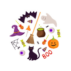 Cartoon set of Halloween icons, vector doodle illustration, holiday elements day of the dead.