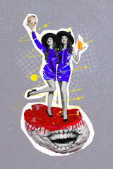 Vertical collage portrait of two smiling witch girls black white gamma hug embrace hand hold candle...