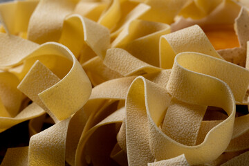 Homemade noodles, close up view of food, raw pasta