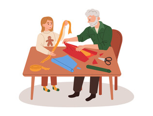 Grandad and girl preparing Christmas gift, wrapping present boxes in festive paper.  Xmas holiday preparation. Flat vector illustration isolated on white background.