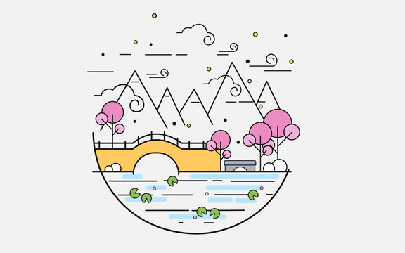 Park line icon with mountains, fields and river, Bridge, trees, clouds. vector illustration.