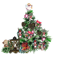 Watercolor New Year tree with Christmas decorations: wooden hearts, wooden flashlight and New year's toys. Clip Art of cozy Christmas home.