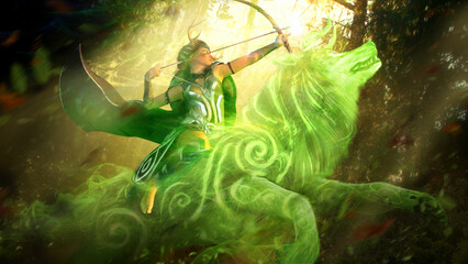 A beautiful Scandinavian female archer in a sunny forest, riding a green magical horned wolf spirit with patterns on his body, she is the guardian of the forest pulling a magic arrow. 3d rendering © warmtail