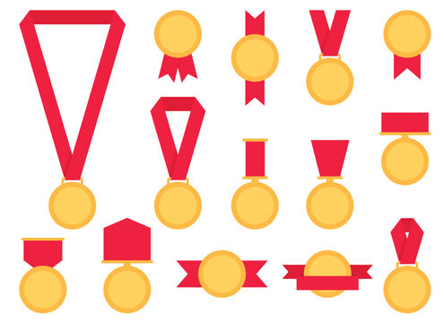 Gold medal with red ribbon vector illustration in flat style
