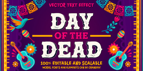 Day of the Dead text, Did de Muertos Spanish tradition text lettering, Mexican Holliday template. Colourful vector illustration with skulls, kithara, flowers, perforated paper. Mexico template 