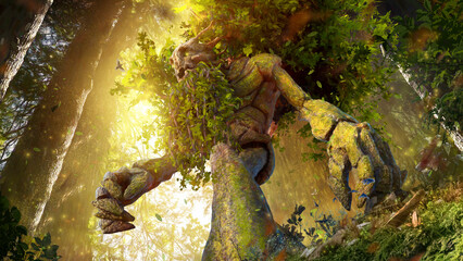 A mighty huge ancient ent is walking through an ancient sunlit forest with giant trees, branches grow from his back and a beard of leaves, he is a giant tree guardian of the forest. 3d rendering art