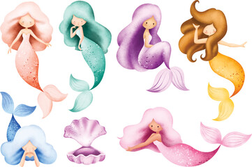 Watercolor Illustration set of Beautiful mermaid