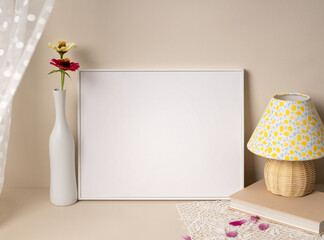 copy space. 
reflect curtain shadow on wall. There is a  flowers in a vase. Mock up empty white picture frame. 
Empty wall template background.